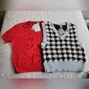 H&M Red Sweater and Black Houndstooth Vest Size XS